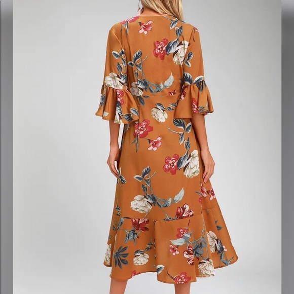 Love & Light Mustard Yellow Floral Midi Wrap Dress - Picture 3 of 10